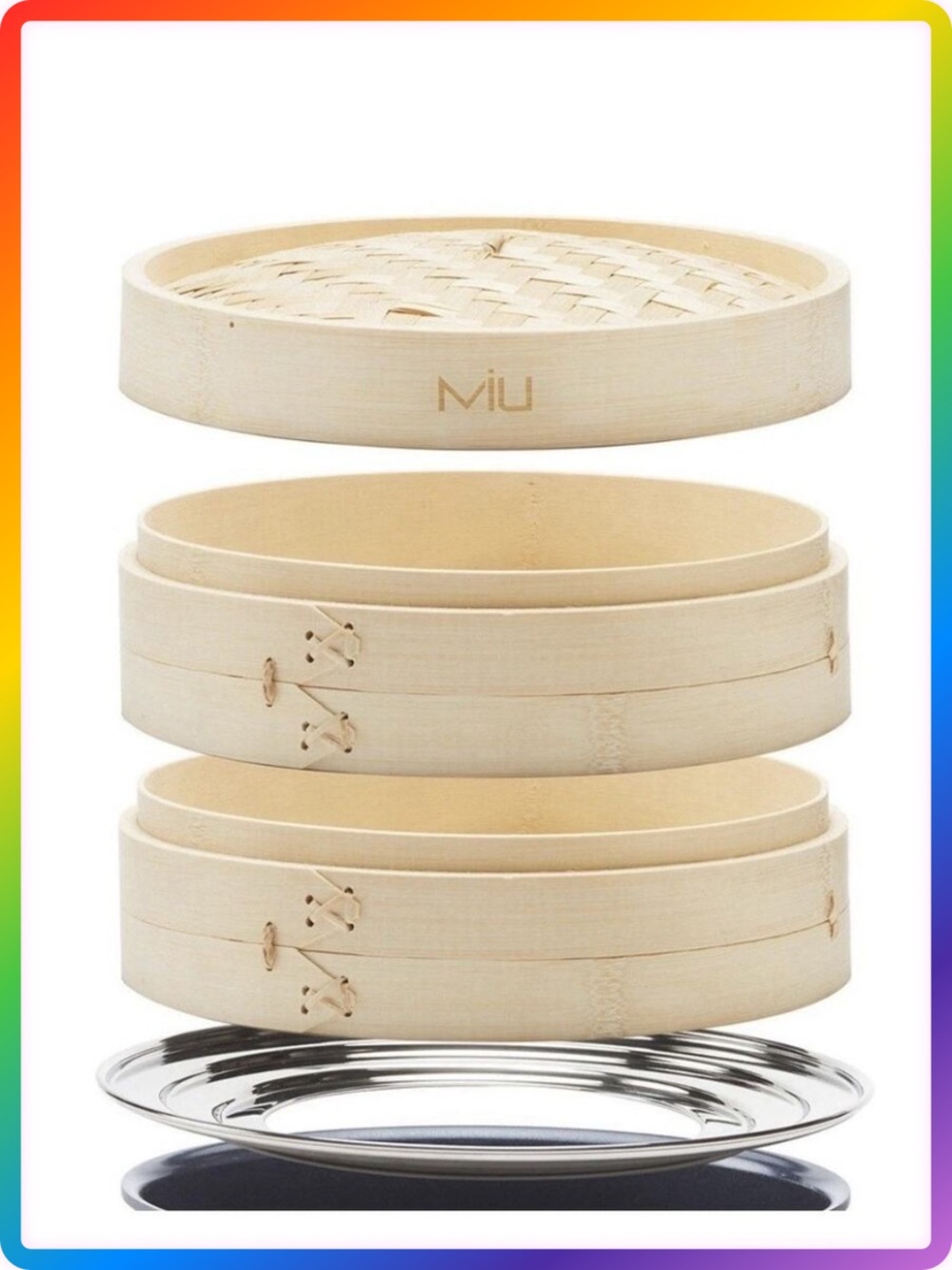 MIU Bamboo Steamer Basket 10 Inch 2 Tier Set Stainless Adapter